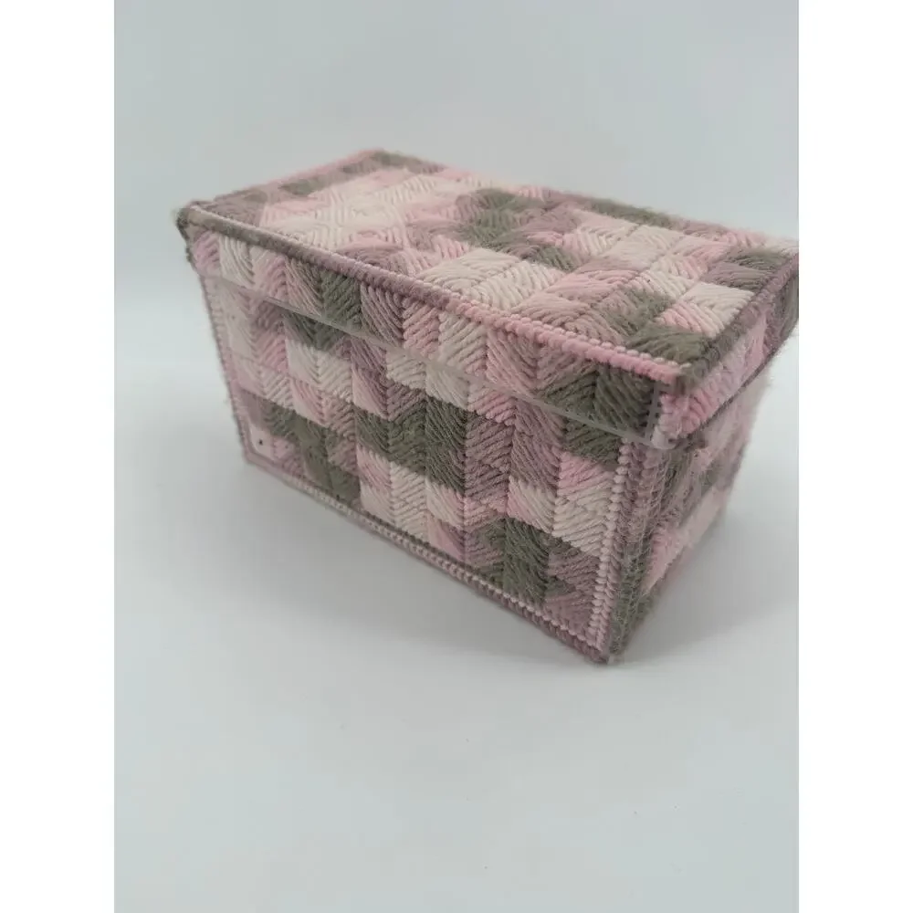 Vintage Handmade Yarn Kleenex Box Cover Pink Gray Plastic Canvas Tissue Holder